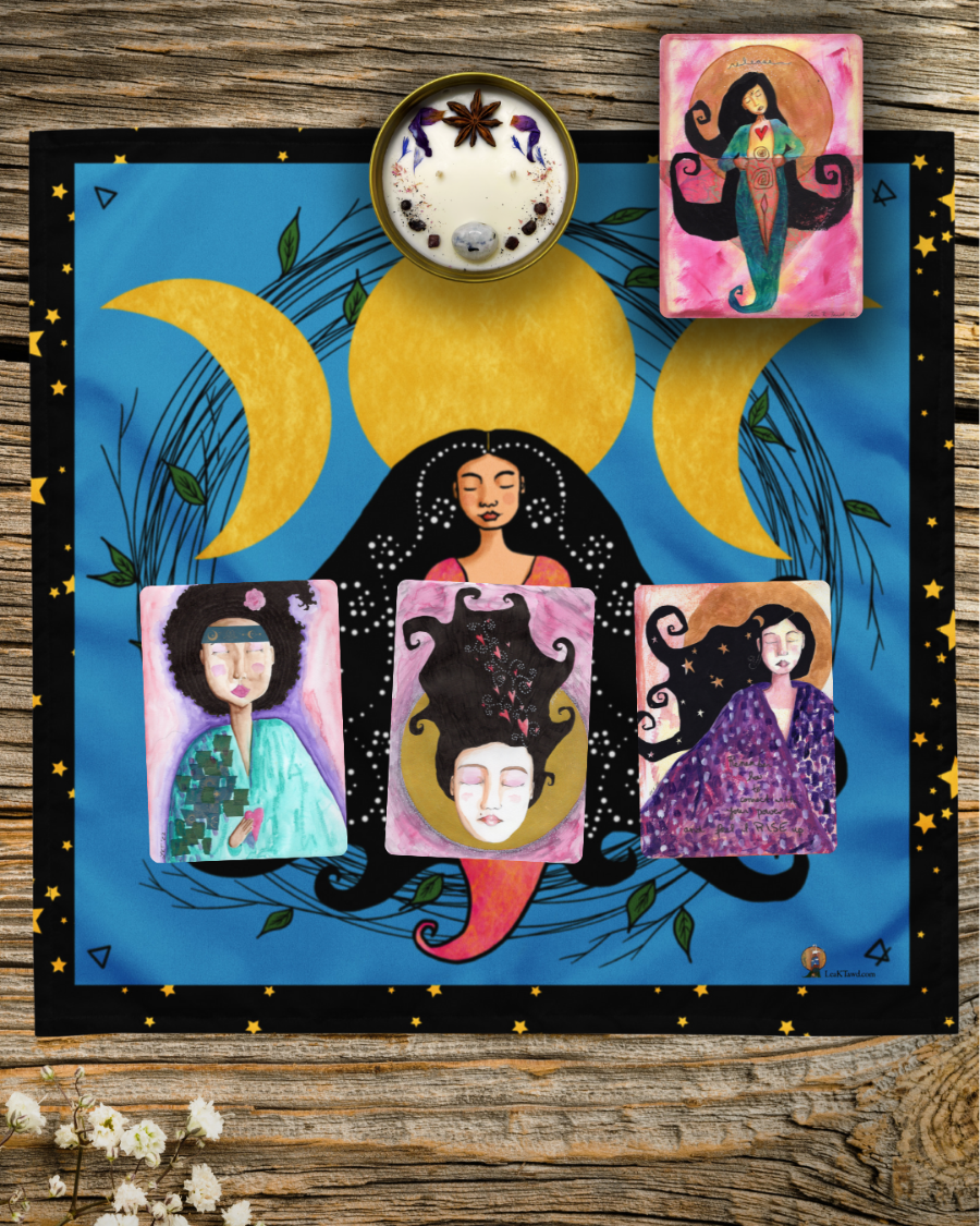 Artistic depiction of a woman with long hair and four smaller portraits on a blue background with yellow crescent moons.