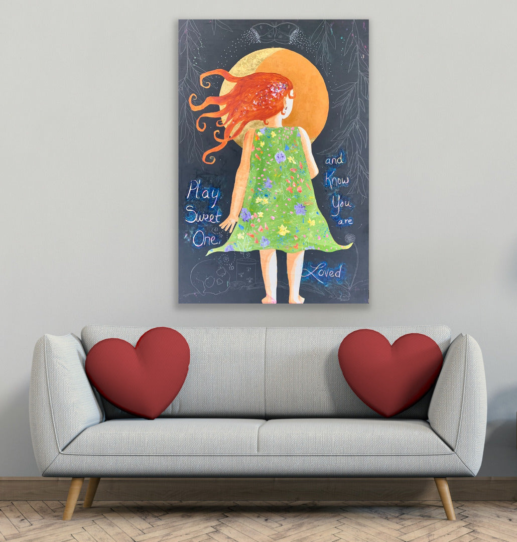 Play, Sweet One, 36 x 24" painting. Mixed media on wood panel.