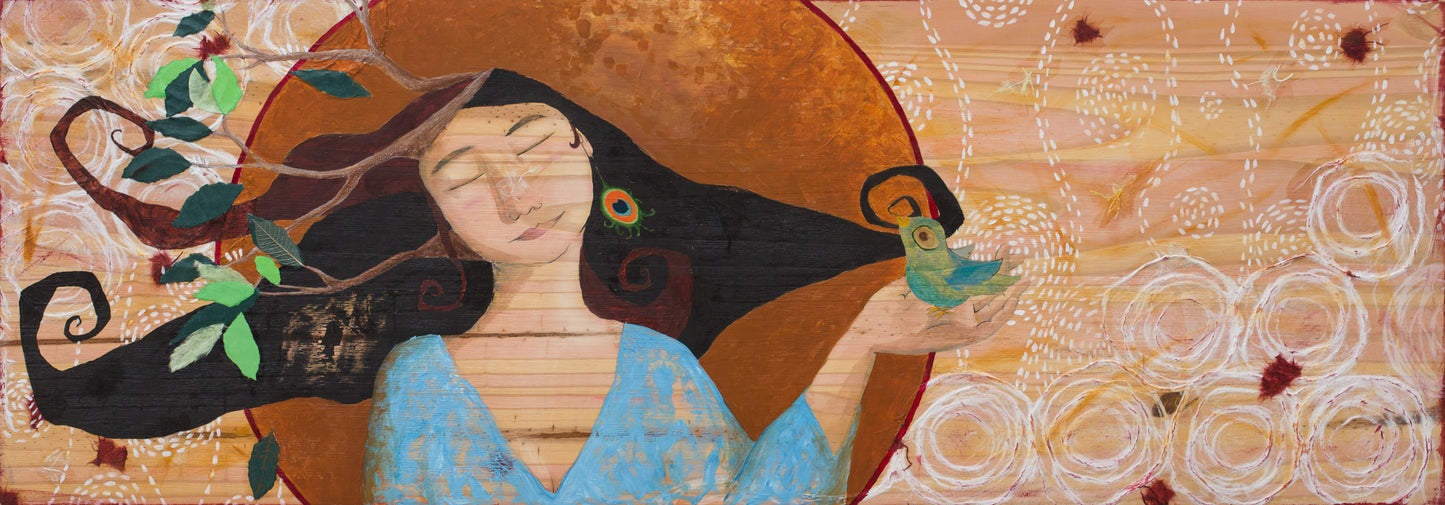 Painting of a woman and a bird on natural wood. The woman has her head tilted to the left and her eyes closed. Her hair is black and brown and curly, with tree branches growing out of it. She is holding an irridescent green bird in her hand. Behind here is a golden circle with a red border. in the background are white circles and dots.