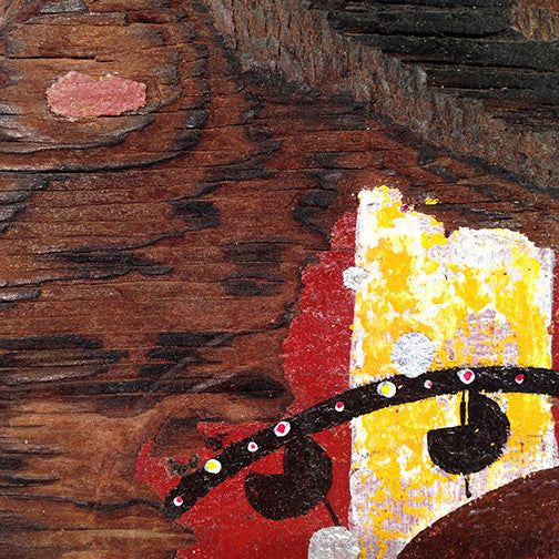 detail of painting on distressed wood by Lea K. Tawd