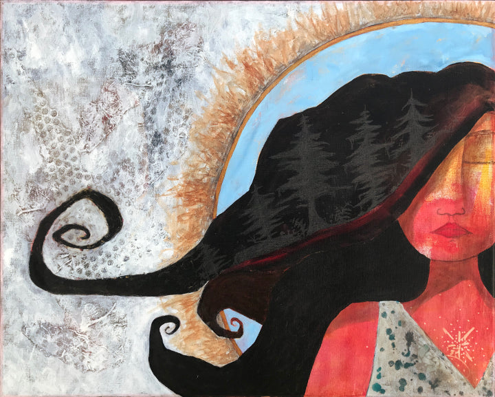 mixed media painting of a woman with black hair in front of a large blue circle surrounded by organic earth tones markings. the background is textured paper and white paint. In the woman's hair is a silhouette of an old growth forest.