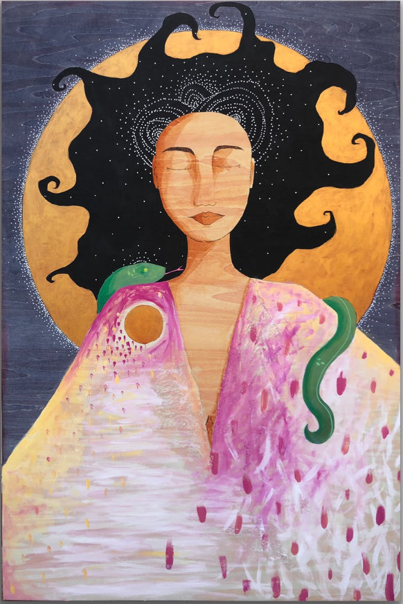 Painting of a woman with wild, curly black hair. There are dots of white in a pattern in her hair. A green sleeping snake is draped over her shoulders. She is wearing a gown with abstract pink, gold, yellow and white markings on it. Behind her is a full, golden moon with a dark blue background.