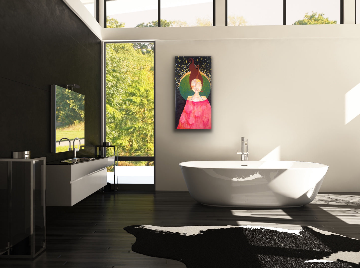 feminine art by Lea K. Tawd hanging in a luxurious bathroom