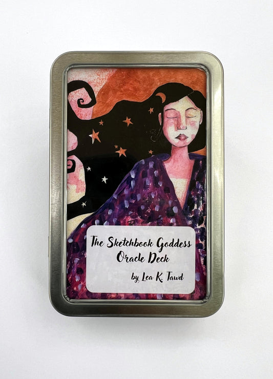 The Sketchbook Goddess Oracle Deck packaging with a woman's face on a white background