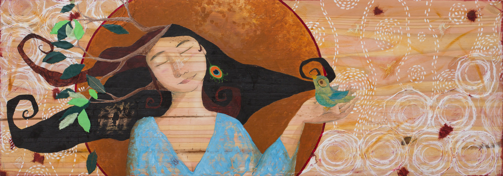 Painting of a woman and a bird on natural wood.  The woman has her head tilted to the left and her eyes closed.  Her hair is black and brown and curly, with tree branches growing out of it.  She is holding an irridescent green bird in her hand.  Behind here is a golden circle with a red border.  in the background are white circles and dots.