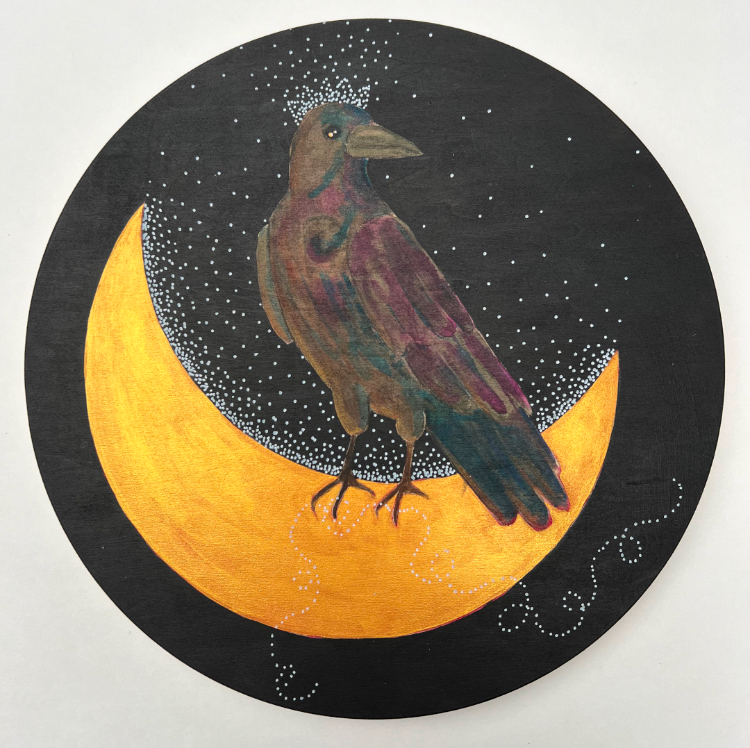 Painting of a crow standing on a crescent moon on a black background.  there are white pointilism dots all around the moon and the crow and forming a crown of light on the crow's head. 