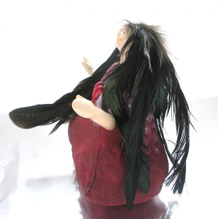 Whimsical burgundy art doll by Lea K. Tawd