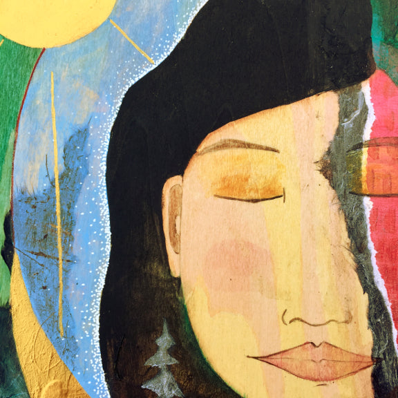 detail of a mixed media woman showing collage elements and wood grain 